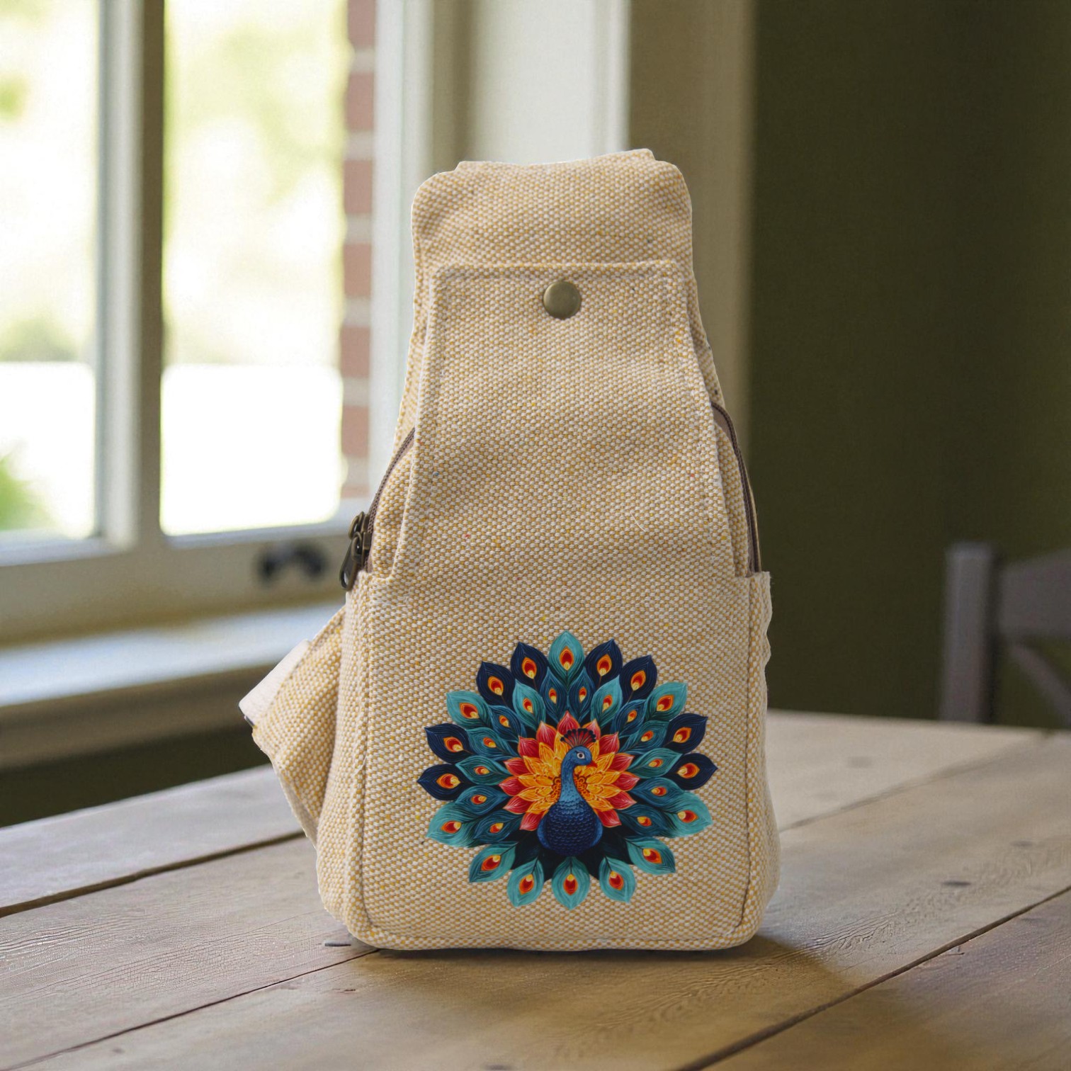 Unisex Hemp Crossbody Sling Bag with Handcrafted Peacock Artwork | Eco-Friendly | 12x7 Inch | Customizable Design