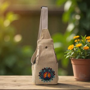 Unisex Hemp Crossbody Sling Bag with Handcrafted Peacock Artwork | Eco-Friendly | 12x7 Inch | Customizable Design