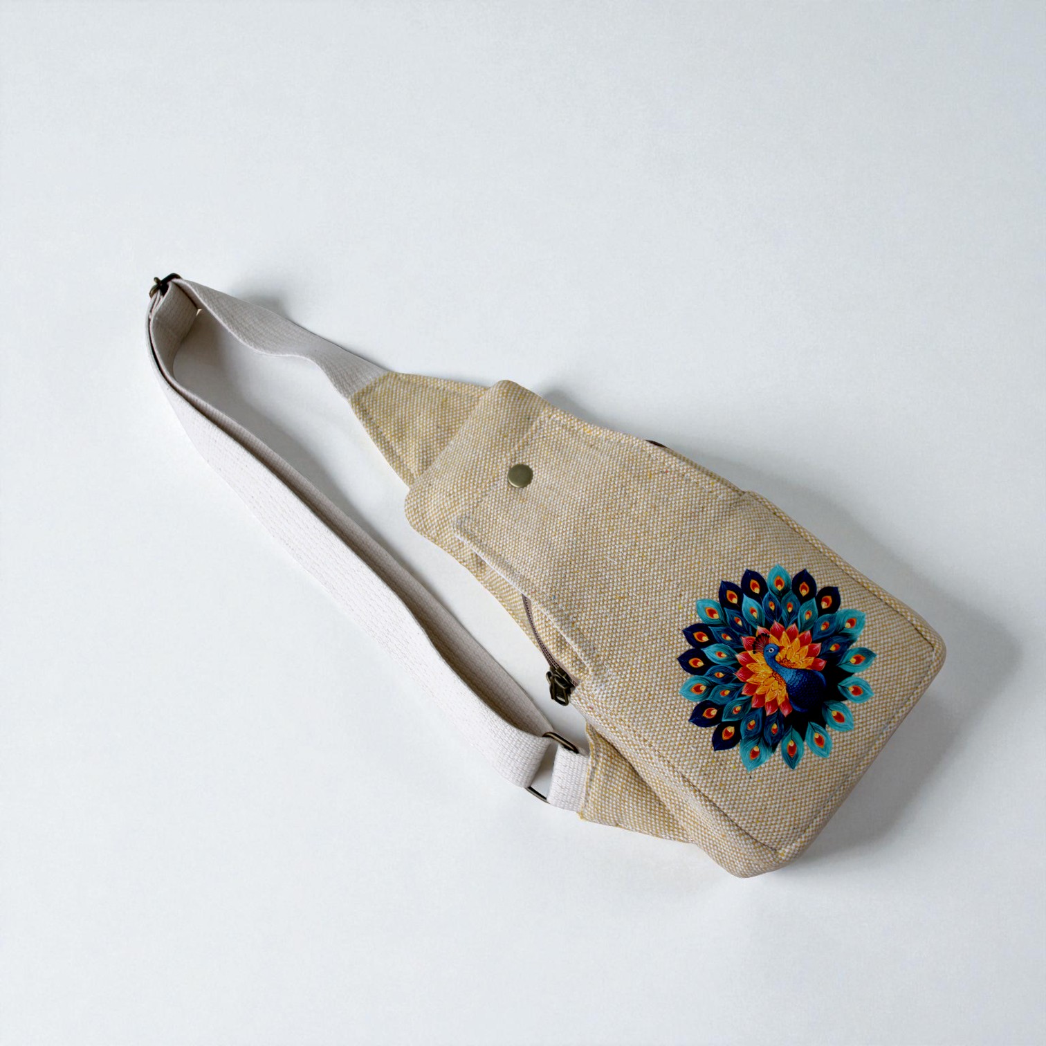 Unisex Hemp Crossbody Sling Bag with Handcrafted Peacock Artwork | Eco-Friendly | 12x7 Inch | Customizable Design